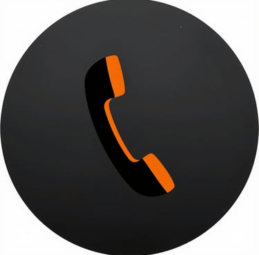 A black orange telephone handset icon inside a dark black circle for contact and call support.