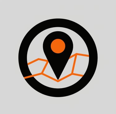 Minimalist black orange map icon with a location pin inside a black circle.