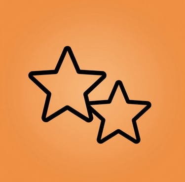 Two black outlined stars icon on a orangecircle background, symbolizing a rating or favorite system.