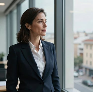 A professional woman in her 50s, dressed in high-end business attire, looking thoughtfully out of a large window in a Spanish / European executive office. Sophisticated lighting, clean composition.