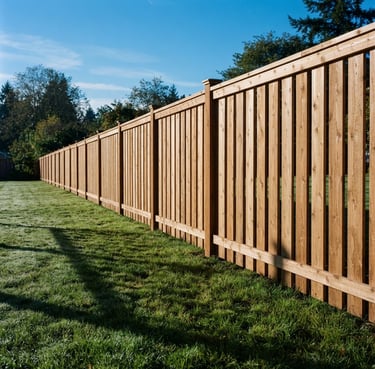 Low-angle architectural photograph along a perfectly straight western red cedar fence line, crisp morning sunlight casting defined linear shadows on green grass, sharp focus, 35mm