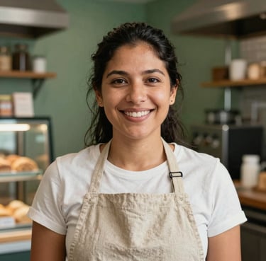 A close-up portrait of a South American woman business owner smiling confidently in her modern artisanal bakery. She is wearing a simple linen apron. The background is softly blurred, showing professional kitchen equipment and Parchment Green walls.