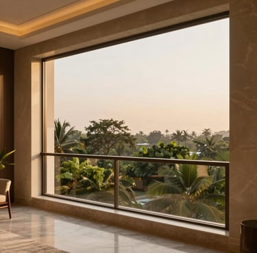 Wide shot of a luxury modern apartment balcony in Mumbai during golden hour, overlooking lush green treetops, soft warm light, editorial photography