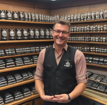 A warm, inviting storefront of Downtown Pawnshop with its red and black signage under a sunny sky.