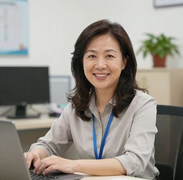 Smiling Asian businesswoman working on a laptop in a bright, modern office setting.