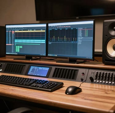 Wide shot of a modern music production desk with two monitors and studio speakers, warm deep espresso and pearl cream lighting.