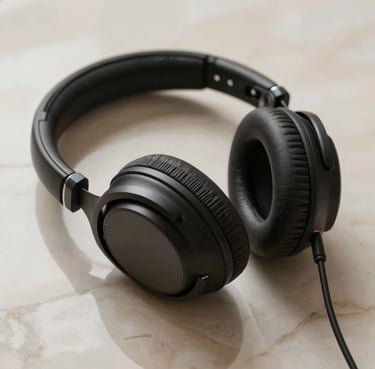 High-end studio headphones resting on a marble surface, reflection of warm muted clay light, premium artistic feel.