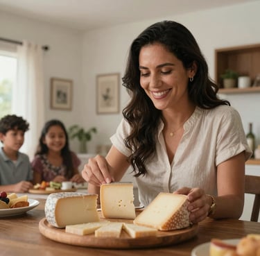 A portrait of a smiling woman in a Latin American / Spanish home, enjoying a cheese platter with her family, soft and warm lighting, modern interior.
