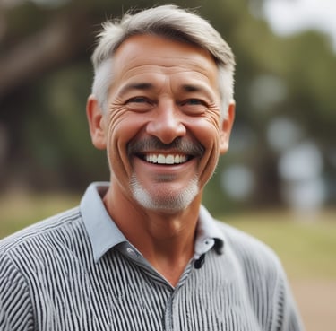 Smiling woman standing next to her home with solar panels on the roof under a clear blue sky.