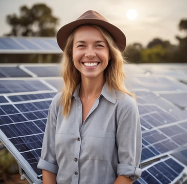 Smiling woman standing next to her home with solar panels on the roof under a clear blue sky.
