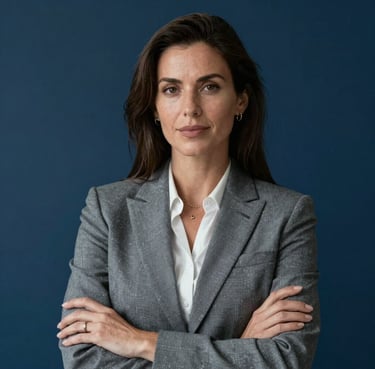 Portrait of a confident female real estate executive in a North American / US corporate setting. Professional Grey attire, Deep Navy Blue background.