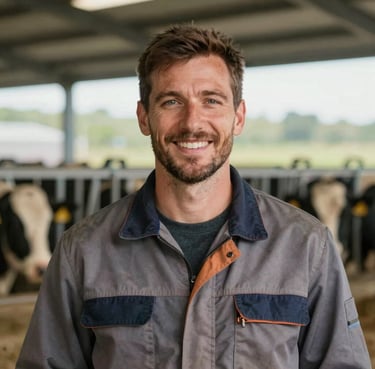 A portrait of a male dairy farmer smiling confidently, wearing professional work gear, against a blurred background of a modern farm. Trustworthy and expert look.