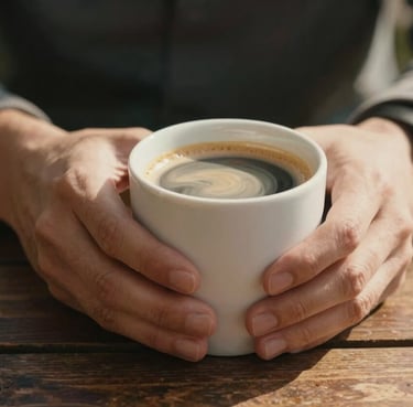 Detailed close-up of hands holding a warm coffee cup at an outdoor wooden table, bathed in soft afternoon sun, storytelling style.