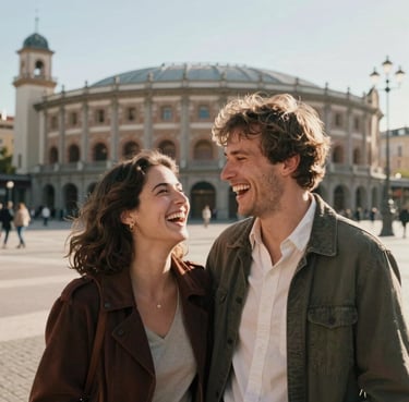 Cinematic photography of a couple laughing together in a sun-drenched Madrid plaza, authentic emotions, warm arena color palette.