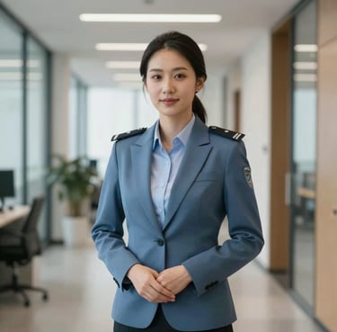 A portrait of a professional female security consultant in a muted blue blazer, standing in a bright office hallway with a confident expression.