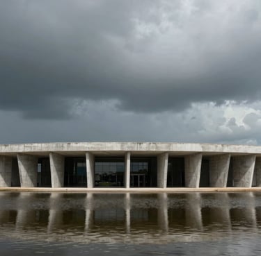 Wide shot of an architectural project in Recife, water reflection, concrete pillars, storm gray sky, minimalist atmosphere.
