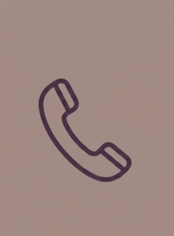 Minimalist phone receiver icon in dark purple on a dusty rose background for contact information.