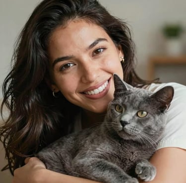 A close-up portrait of a happy Latin American woman smiling warmly as she cuddles a grey cat. Soft, natural indoor lighting, lifestyle photography style.