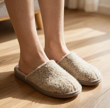 Low-angle shot of feet wearing warm wool-felt slippers resting on a sunlit wooden floor, soft morning light, cozy domestic atmosphere.