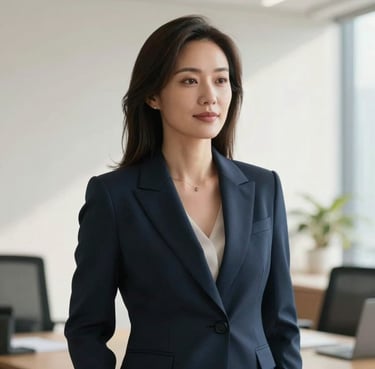 A professional portrait of a woman in her late 30s with a confident and serene expression, wearing a dark slate blue professional suit, in a bright office space with soft off-white natural lighting.
