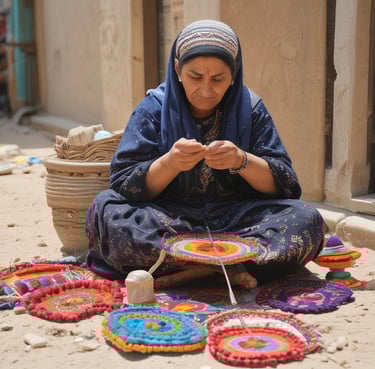 A smiling woman packing colorful handmade crafts ready for delivery.