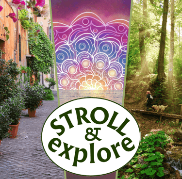 Sign saying Stroll and Explore with pictures of a cityscape, nature and a mandala in the ocean