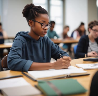 A young black student engaged in a workshop, taking notes and participating actively.