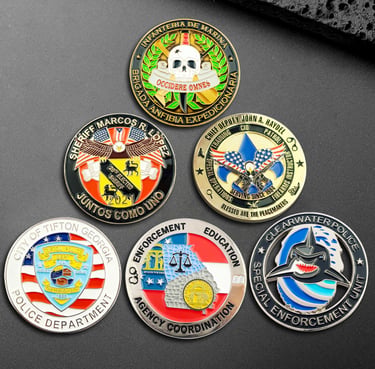 ollection of custom law enforcement challenge coins for police, sheriff, and marine departments.