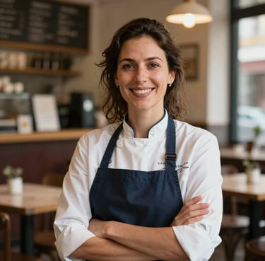 A portrait of a female restaurant owner in a European / Portuguese café, smiling warmly, captured in a professional and approachable photography style.