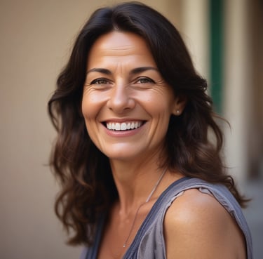 A person wearing a maroon suit is leaning back while vacuuming a rug in a neatly arranged room. The room features large windows with black frames, a plant, and various pieces of furniture such as a yellow armchair and a brown sofa. The walls are adorned with framed pictures and artwork.
