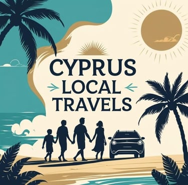 Family walking on a sunny beach with a car parked nearby – Cyprus Local Travels promoting local car 