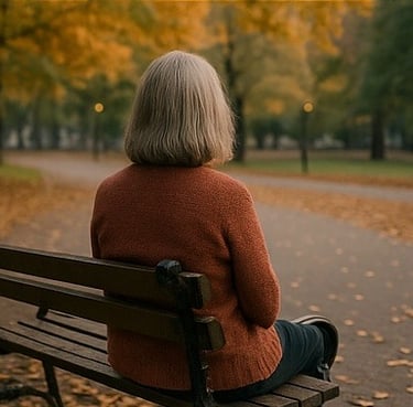 Older woman siting on a bench in the park in the fall