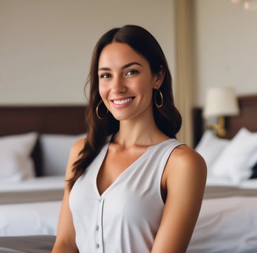 A modern hotel room features a large bed with white linens, a corner sofa with cushions, and a round coffee table. A large wall of windows provides a panoramic view of the city skyline with various skyscrapers.