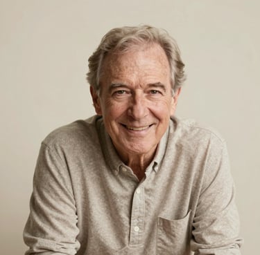 Portrait of a confident senior leaning forward, smiling warmly at the camera. Soft, cream-colored studio lighting. North American / US.