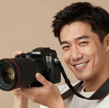 A warm, elegant portrait of a photographer with a kind smile, holding a professional camera. Soft light, tan background. North American / US.