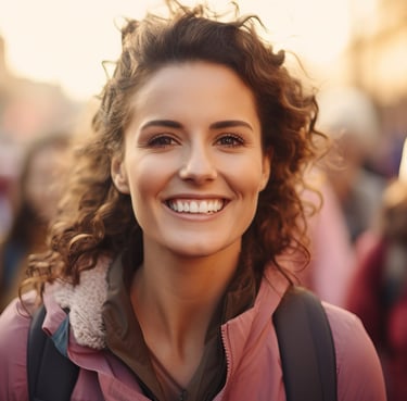 a woman with a backpacker on a city street