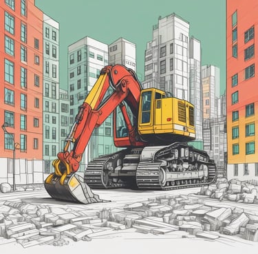 A large-scale construction project is underway, featuring a partially completed building with modern architectural elements. Tall cranes are positioned around the site, and scaffolding is visible on an unfinished structure. The foreground shows a crane vehicle, and the surrounding area is filled with metal beams and construction materials. Leafless trees frame the upper part of the image.