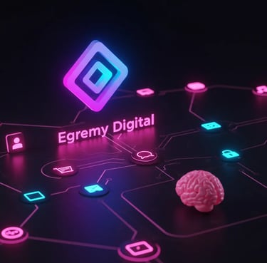 Logotipo Egremy Digital en neón sobre diagrama de red con iconos (usuario, carrito, candado) y cerebro 3D rosa, simboliza IA 