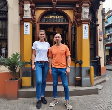 A colorful tour van with multiple inflated boats secured on the roof travels on a rural road. Lush green vegetation and banana plants line the side of the road. A tanker truck is parked in front of a brick structure near the road.