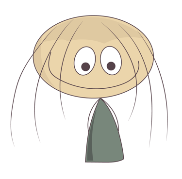 A quirky hand-drawn cartoon character with a wide oval face, large eyes, and thin strands of hair.