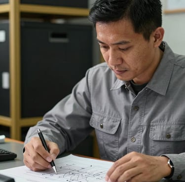 A professional Southeast Asian engineer in a grey uniform inspecting a technical drawing. Close-up shot with soft lighting, reflecting expertise and authority. Black and gold accents in the background.