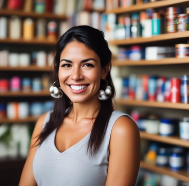 Portrait of a satisfied woman smiling in a modern office.