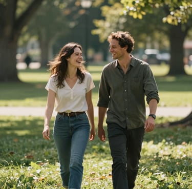 A couple laughing while walking in a sun-drenched North American park, candid movement, cinematic depth of field.