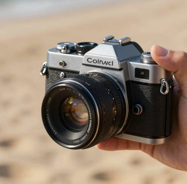 A close-up lifestyle shot of a hand holding a vintage camera against a sun-drenched Soft Sand background.