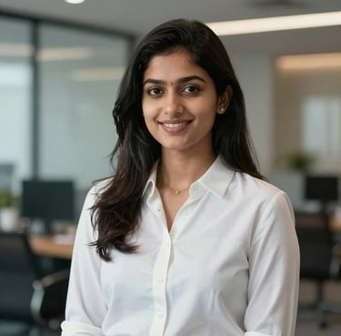 A professional portrait of a young Indian woman in a smart white blouse, smiling confidently, blurred modern office background with soft lighting.