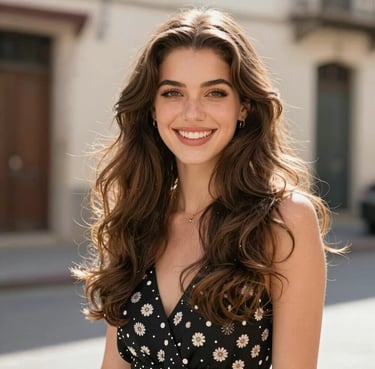 Close-up of a woman gently touching her glossy, healthy hair in soft natural light.