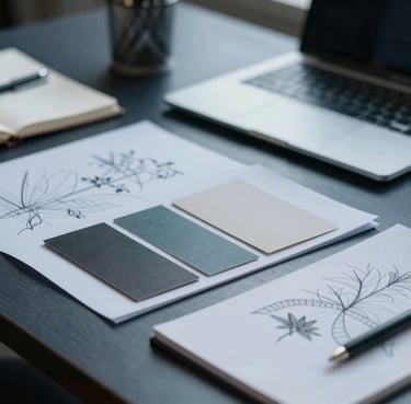 A close-up photograph of a professional graphic designer's desk in a modern International / Western studio, featuring paper samples, sketchbooks, and a coffee cup, moody Dark Slate Blue lighting.
