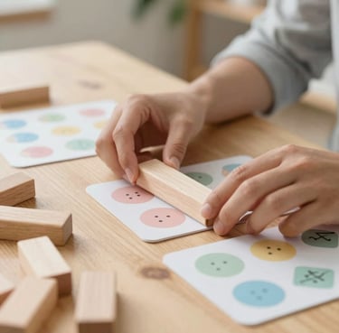Close-up of an educator's hands organizing wooden counting blocks and structured printable cards on a light oak table, soft-focus natural daylight, warm editorial style.