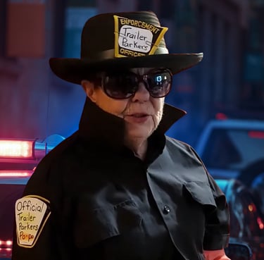 Woman in a trailer park enforcement officer uniform with sunglasses standing near a patrol car.