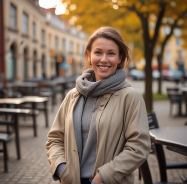 Portrait of a smiling woman in a cozy office setting.